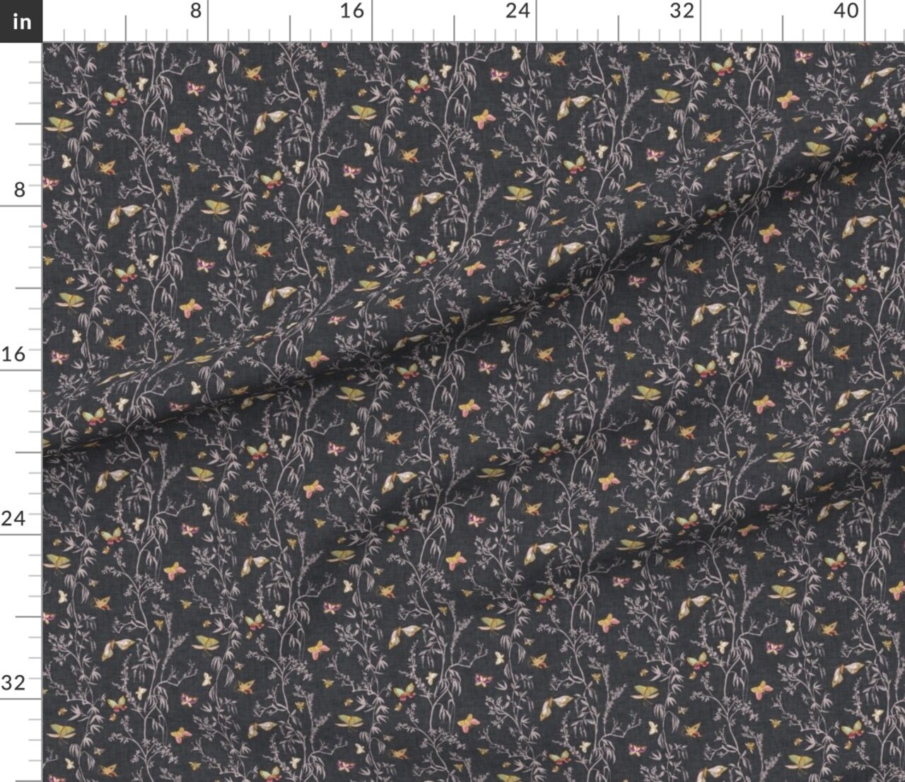 Butterflies Dark Gray Faux Linen Boho Botanical Floral Garden Chinoiserie Insects Custom Printed Fabric by Spoonflower Various Fabrics by the Yard or Fat Quarter